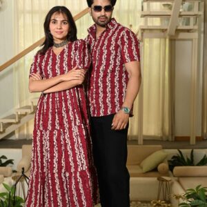 Couple Matching Red Cotton Anarkali Midi Dress and Shirt Set ? Vertical Vine Block Print