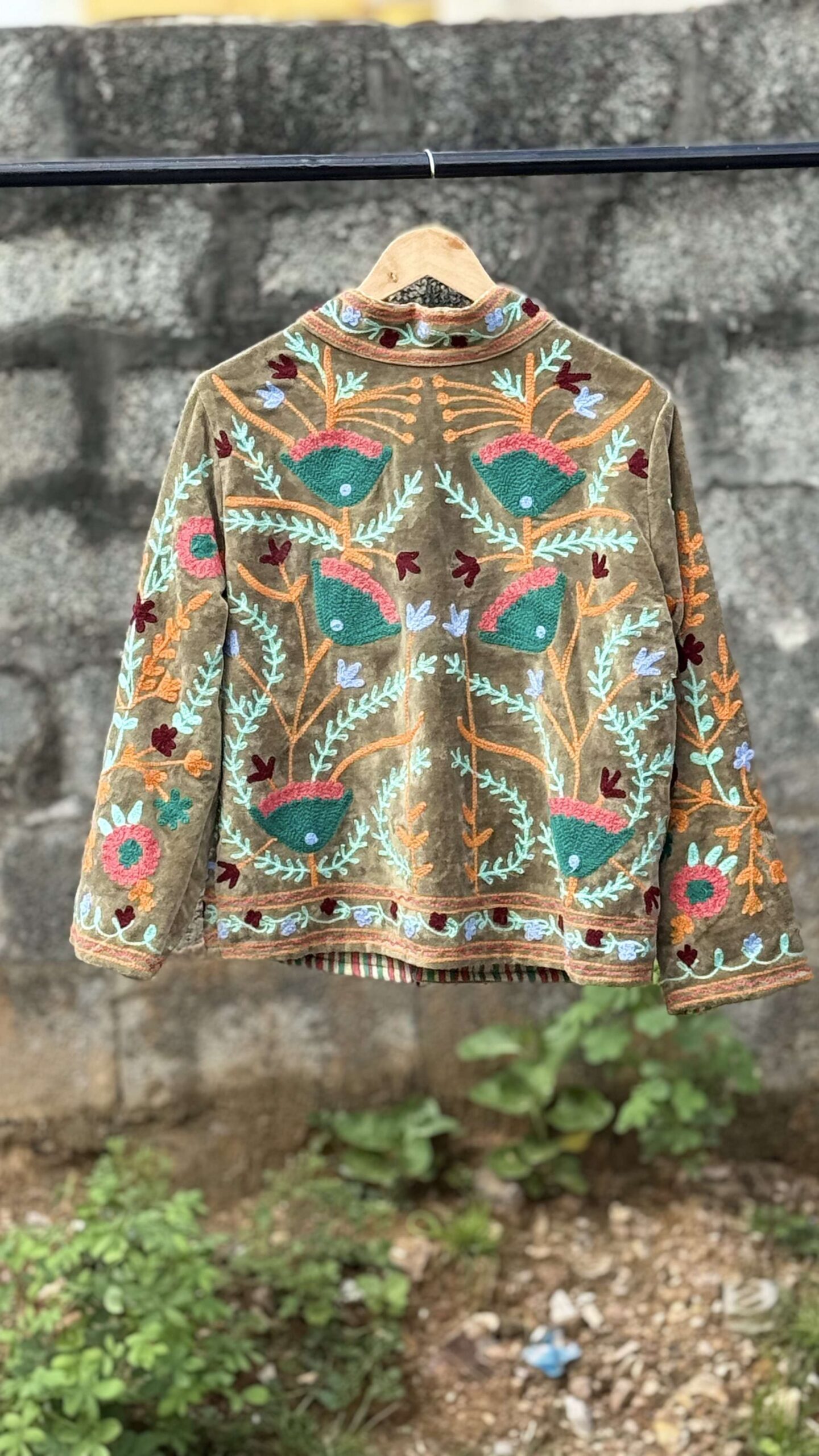 Womens Olive Green Velvet Embroidered Jacket with Floral Design - Image 3