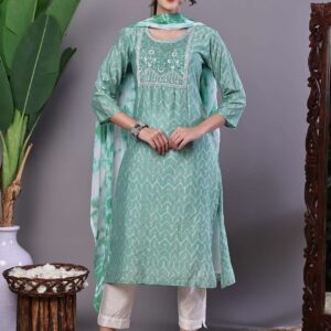Women's Mint Green Chanderi Embroidered Kurta Set with Dupatta Suit Sets